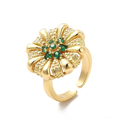 Cubic Zirconia Flower Open Cuff Ring RJEW-C055-05G-1