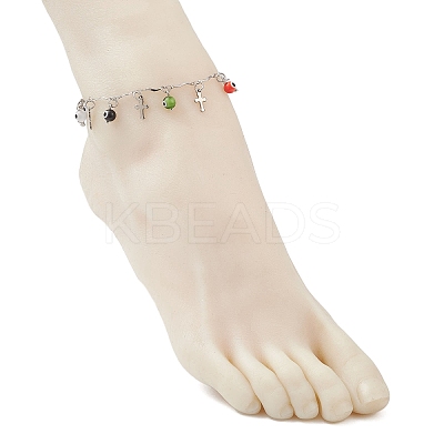 Handmade Evil Eye Lampwork & 304 Stainless Steel Cross Tassel Bar Link Chain Anklets for Women AJEW-AN00741-01-1