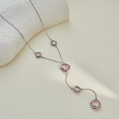304 Stainless Steel Glass Rhombus Long Y Tassel Necklaces for Women WGE6B13-03-1
