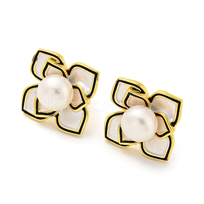 Brass Flower Stud Earrings with Natural Pearl EJEW-Z020-04G-1