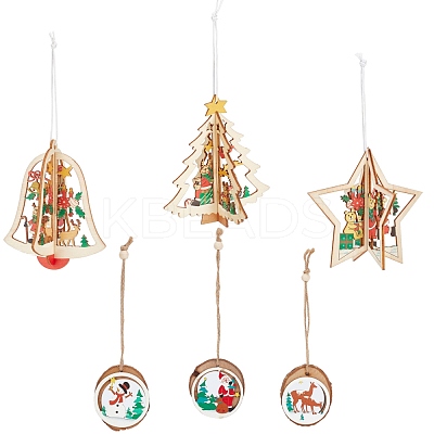 6Pcs 6 Styles Wooden Christmas Ornaments WOOD-GF0001-51-1