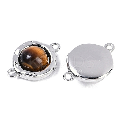 Brass Pave Natural Tiger Eye Flat Round Links Connector Charms KK-U043-45P-D-1
