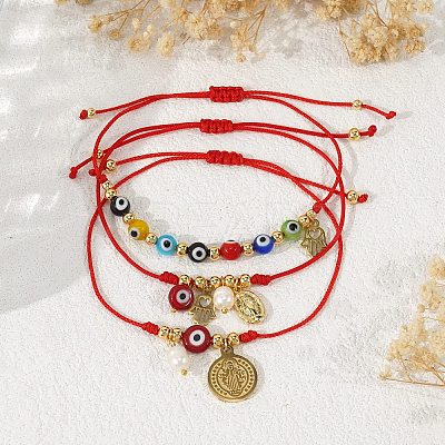 3Pcs Brass & 304 Stainless Steel Virgin Mary Charm Bracelets BA3044-1-1