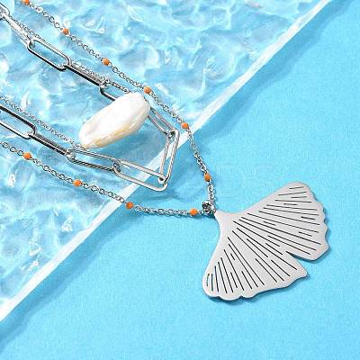 304 Stainless Steel & Natural Pearl & Enamel Beads Leaf Pendant 3 Layer Necklaces for Women NJEW-A045-18P-1