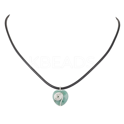 Opalite & Natural Green Aventurine & Tiger Eye & Blue Spot Jasper & Rose Quartz Copper Wire Wrapped Faceted Heart Pendant Black PU Leather Cord Necklaces NJEW-JN05837-1