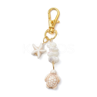 2Pcs Starfish & Sea Turtle Synthetic Turquoise & Natural White Mother of Pearl Shell Chip Pendant Decorations HJEW-JM03169-1