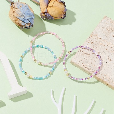 3Pcs 3 Color Natural Pearl & Seed Beaded Stretch Bracelets Set BJEW-JB09437-1
