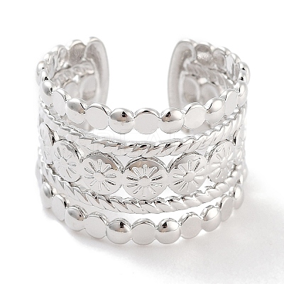 Non-Tarnish 304 Stainless Steel Flower Open Cuff Rings RJEW-K273-13P-1