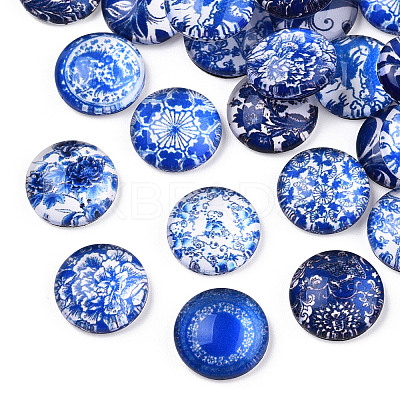 Blue and White Floral Printed Glass Cabochons GGLA-A002-12mm-XX-1