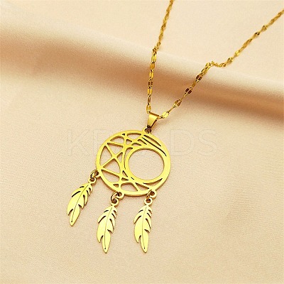 Woven Net/Web with Feather 201 Stainless Steel Boho Pendant Necklaces for Women NJEW-G087-09G-1