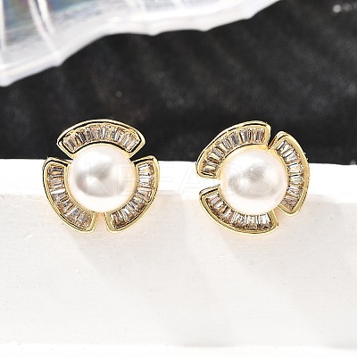 Flower Brass Micro Pave Clear Cubic Zirconia Stud Earrings EJEW-A135-22G-1