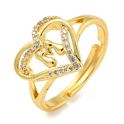Heart with Letter Rack Plating Brass Micro Pave Clear Cubic Zirconia Adjustable Rings for Women RJEW-I105-01G-M-1