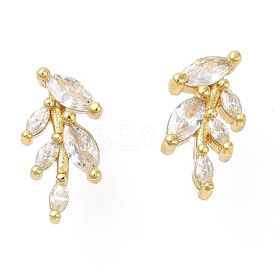 Rack Plating Brass Leaf Stud Earrings with Cubic Zirconia EJEW-D061-12G-1