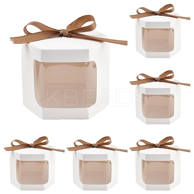 10Pcs Hexagon Kraft Paper Cake Boxes with Visual Window and Ribbon CON-YW0001-88B-1