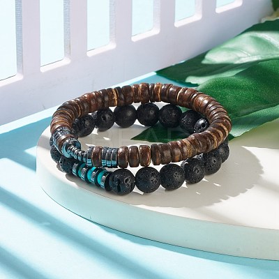 2Pcs 2 Style Natural Coconut & Gemstone Stretch Bracelets Set BJEW-JB07938-1