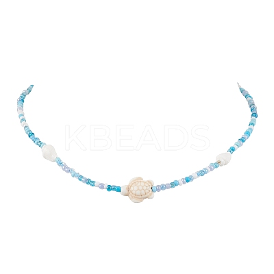Summer Beach Sea Turtle Dyed Synthetic Turquoise & Glass Seed Beads Beaded Necklaces for Women NJEW-JN05081-02-1