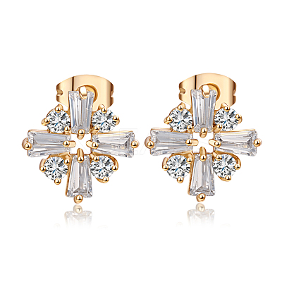 Real 18K Gold Plated Flower Brass Cubic Zirconia Stud Earrings EJEW-EE0001-220-1