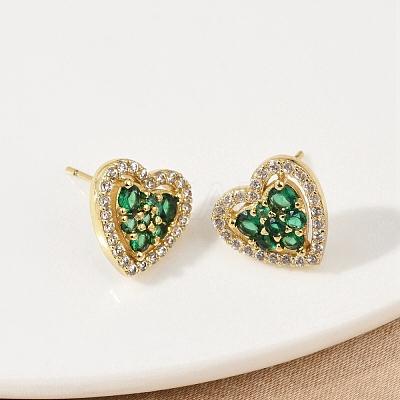 Heart Brass Micro Pave Cubic Zirconia Stud Earrings EJEW-M082-15G-1