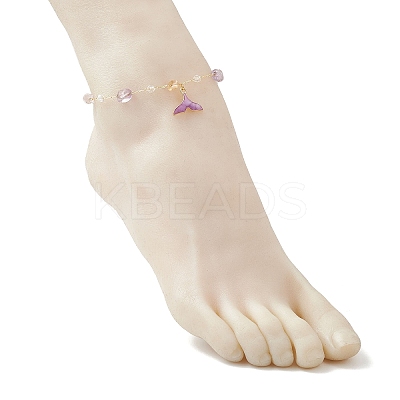 Brass Handmade Natural Amethyst Nuggets Link Chain Alloy Enamel Whale Tail Pendant Anklets for Women AJEW-AN00709-03-1