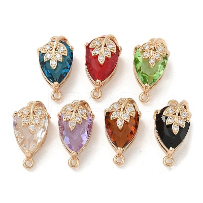 Brass Pave Faceted Glass Teardrop Connector Charms KK-G517-10G-1