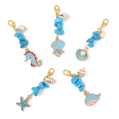 5Pcs Ocean Synthetic Turquoise & Shell & Alloy Enamel Pendant Decorations HJEW-YW00108-1