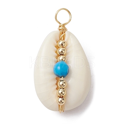 7Pcs Natural Cowrie Shell Copper Wire Wrapped Pendants PALLOY-JF02278-1