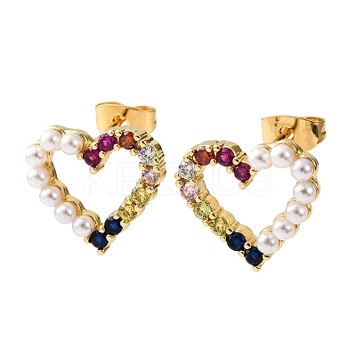 Brass Micro Pave Cubic Zirconia Heart Stud Earrings EJEW-K267-32G-1