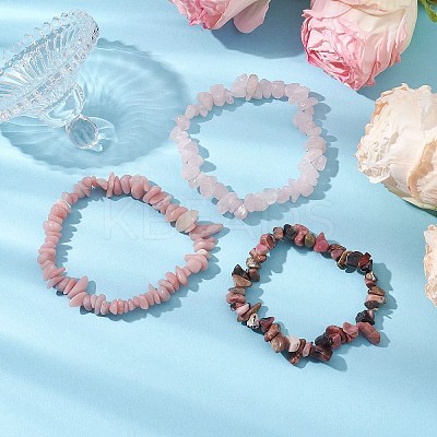 3Pcs Natural Rose Quartz & Natural Rhodonite & Natural Pink Opal Chip Beaded Stretch Bracelet Sets BJEW-JB10858-1