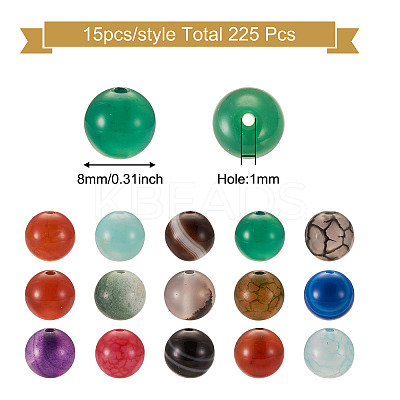 225Pcs 15 Style Natural Agate Round Beads G-TA0001-36-1