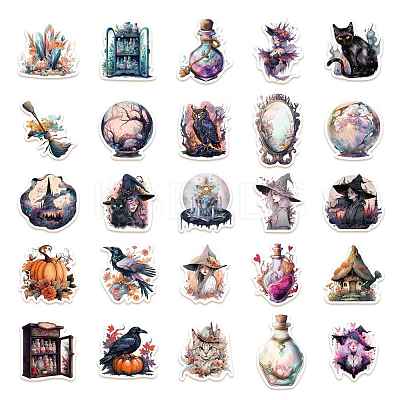 50Pcs Halloween Witch Theme PVC Self-adhesive Cartoon Stickers X-STIC-PW0015-01-1