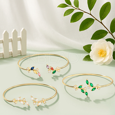 3Pcs 3 Colors Elegant Brass Cubic Zirconia Leaf Cuff Bangles for Women BJEW-GO0003-01G-1