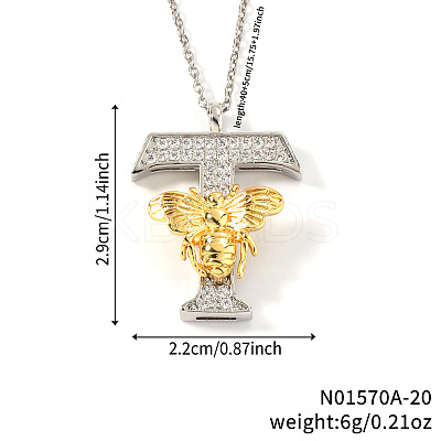 Brass Micro Pave Clear Cubic Zirconia Bee Initial Pendant Necklaces FS-WGF5E80-20-1