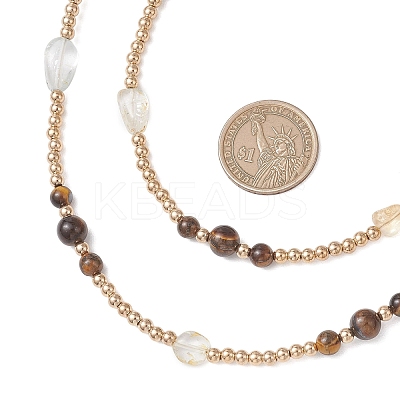 Round Natural Tiger Eye & Nuggets Topaz Beaded Wrap Long Necklaces NJEW-JN05907-01-1
