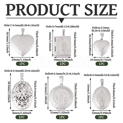 6Pcs 6 Styles 316 Stainless Steel Locket Pendants STAS-TA0003-24-1