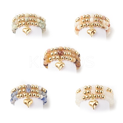3Pcs 3 Style Natural Gemstone & Brass Beaded Finger Rings with 304 Stainless Steel Heart Charms for Women RJEW-JR00470-1