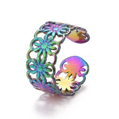 Rainbow Color Ion Plating(IP) 304 Stainless Steel Sunflower Open Cuff Ring for Women RJEW-A005-42MC-1