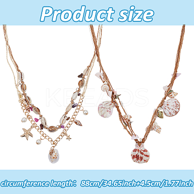 2Pcs 2 Styles Natural Shell Pendants Bib Necklaces Set with Polyester Cords NJEW-AN0001-66-1