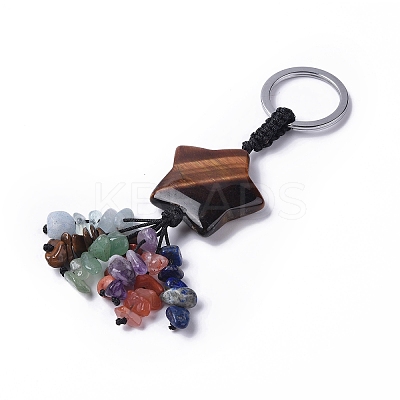 Tiger Eye Star with Mixed Gemstone Chips Beaded Tassel Keychains KEYC-P012-01P-05-1