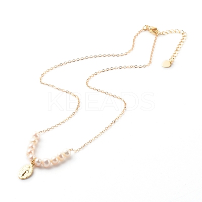 Oval with Virgin Mary & Natural Pearl Beads Pendant Necklaces NJEW-JN03625-01-1