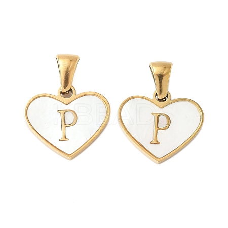 304 Stainless Steel Pave Natural White Shell Heart with Initial Slice Pendants STAS-R168-25G-P-1