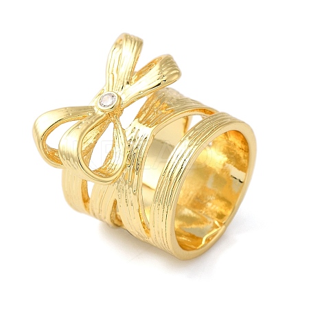 Brass Micro Pave Cubic Zirconia Bowknot Open Cuff Wide Rings for Women RJEW-B057-03G-1