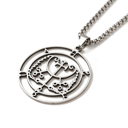 Non-Tarnish Flat Round with Demon Seal Pendant Necklaces LS-NJEW-C044-03P-1