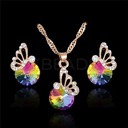Butterfly & Flat Round Alloy Rhinestone Pendant Necklaces & Stud Earrings FS-WG892EC-07-1