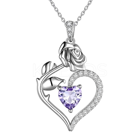 Rhodium Plated 925 Sterling Silver Pave Cubic Zirconia Rose Heart Birthstone Pendant Cable Chain Necklaces NJEW-H012-66C-1