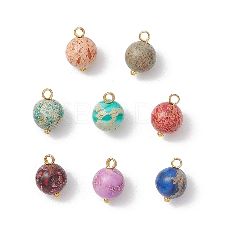 Dyed Natural Imperial Jasper Round Charms with Brass Loops PALLOY-JF04139-1