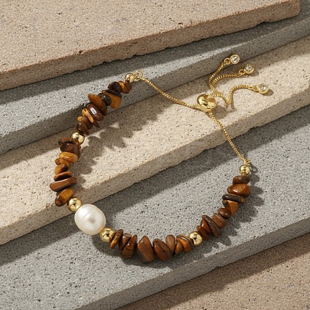 Natural Freshwater Pearl and Natural Tiger Eye Chip Beaded Adjustable Brass Box Chain Slider Bracelets for Women PS0343-4-1