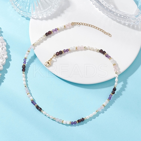 Synthetic Non-magnetic Hematite & Natural Rainbow Moonstone & Garnet & Amethyst Round Cube and Natural Pearl Rice Beaded Necklaces NJEW-JN05868-02-1