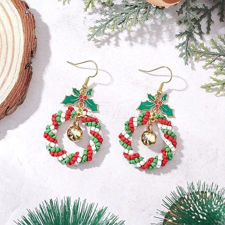 Christmas Wreath Glass Seed Beaded Dangle Earrings EJEW-TA00685-1