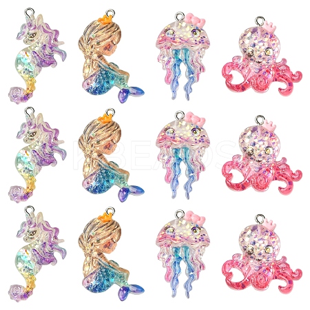 8Pcs 4 Styles Ocean Theme Transparent Resin Pendants CRES-FS0001-17-1