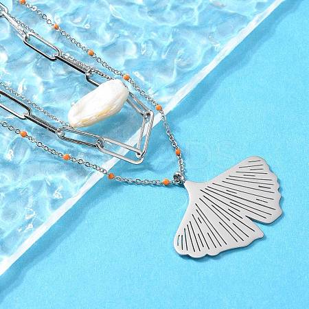 304 Stainless Steel & Natural Pearl & Enamel Beads Leaf Pendant 3 Layer Necklaces for Women NJEW-A045-18P-1